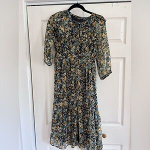 LOFT Floral Midi Dress - Blue and Yellow